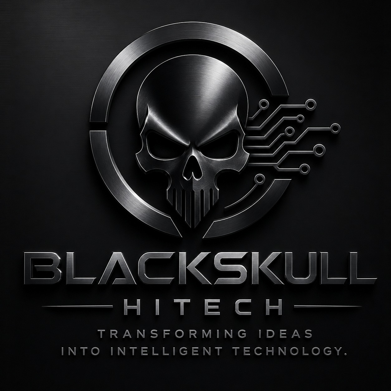 Logotipo BlackSkull HITECH — caveira metálica com trilhas de circuito